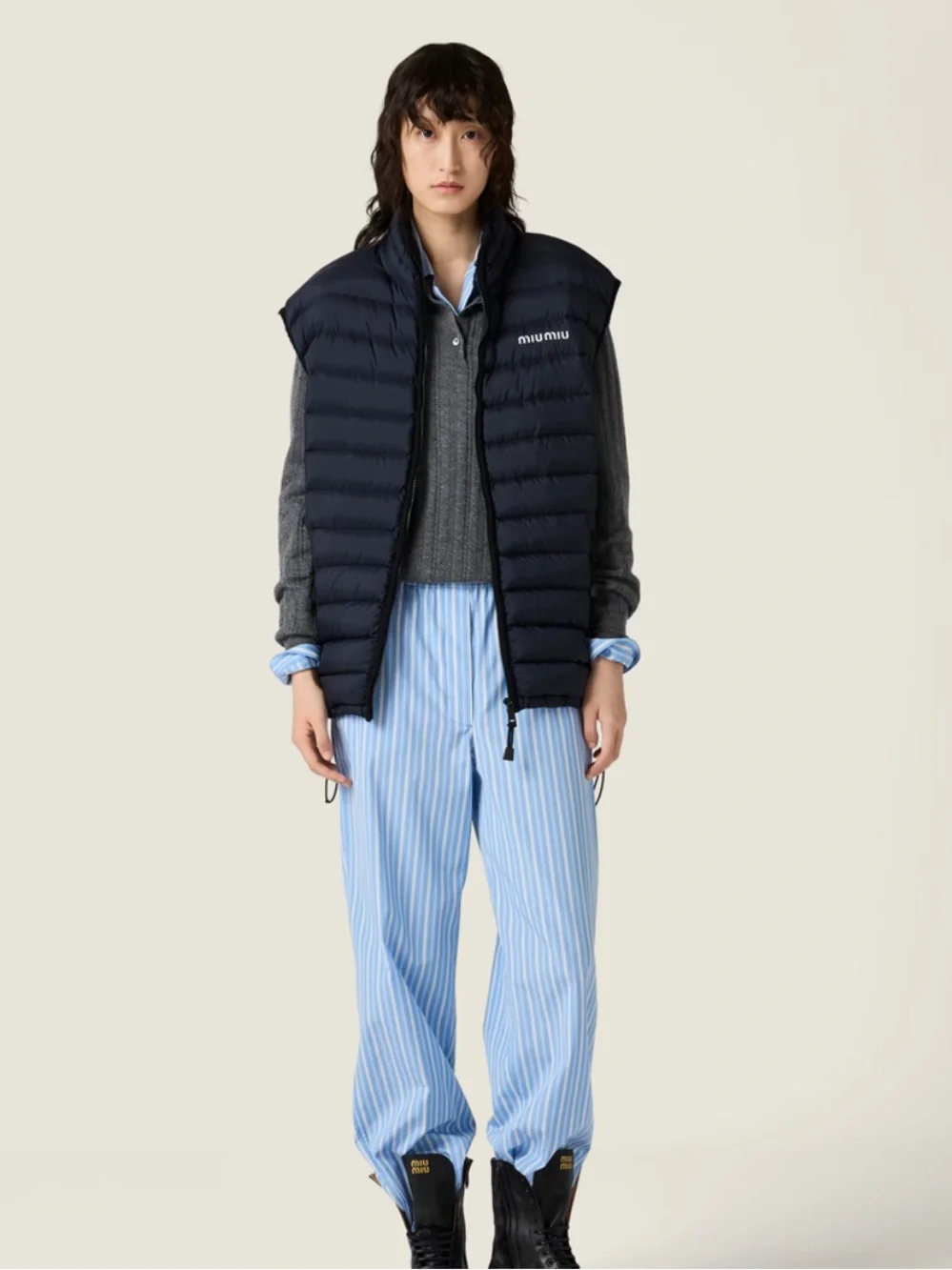 New Miu Miu Light Pongé Navy Puffer Down Vest